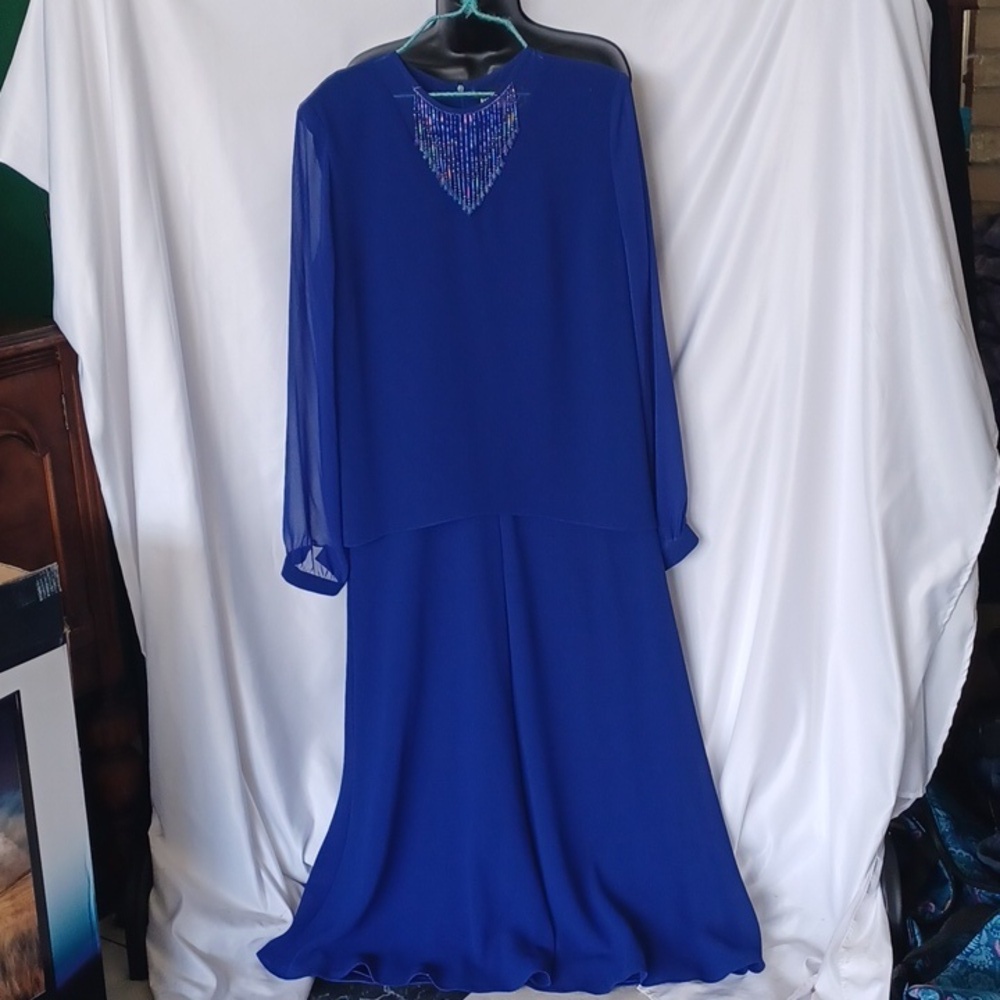Vintage Ursula of Switzerland Layered Long Sleeve Beaded Trim Evening Dress